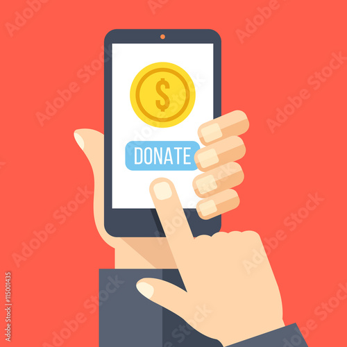 Gold coin and donate button on smartphone screen. Hand holds smartphone, finger touches screen. Modern charity, donation concepts. Flat design vector illustration