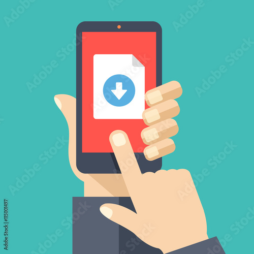 File download button on smartphone screen. Hand holds smartphone, finger touches button. Downloading document concept. Creative flat design vector illustration