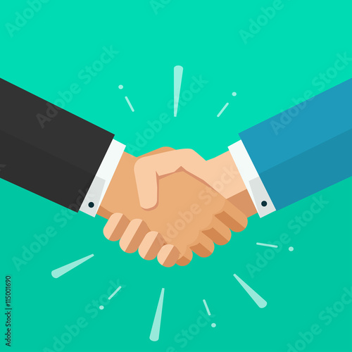 Shaking hands business vector illustration with abstract rays, symbol of success deal, happy partnership, greeting shake, handshaking agreement flat sign modern design isolated on green background