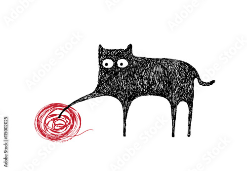 Cat playing with a ball of yarn, vector illustration