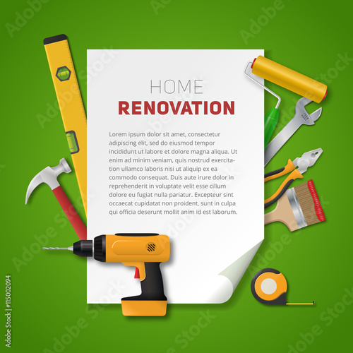 Home renovation banner with vector realistic hand tools. Electric drill, pliers, paint roller, brush, hammer, spanner, meter and spirit level. House remodeling poster on a green background.
