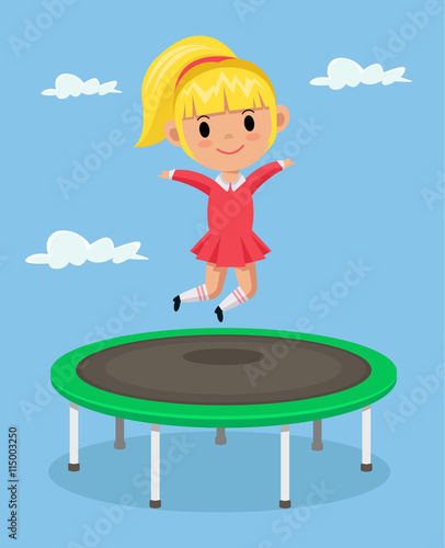 onsdag Læring Perseus Little girl jumping on trampoline. Vector flat cartoon illustration Stock  Vector | Adobe Stock