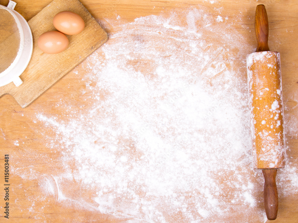 baking background with pastry board, rolling pin and eggs Stock Photo ...