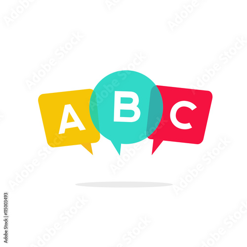 English school abc badge vector logo, language learning emblem icon with bubble speeches and a b c letters inside, symbol of speaking club translation education modern simple flat design photo