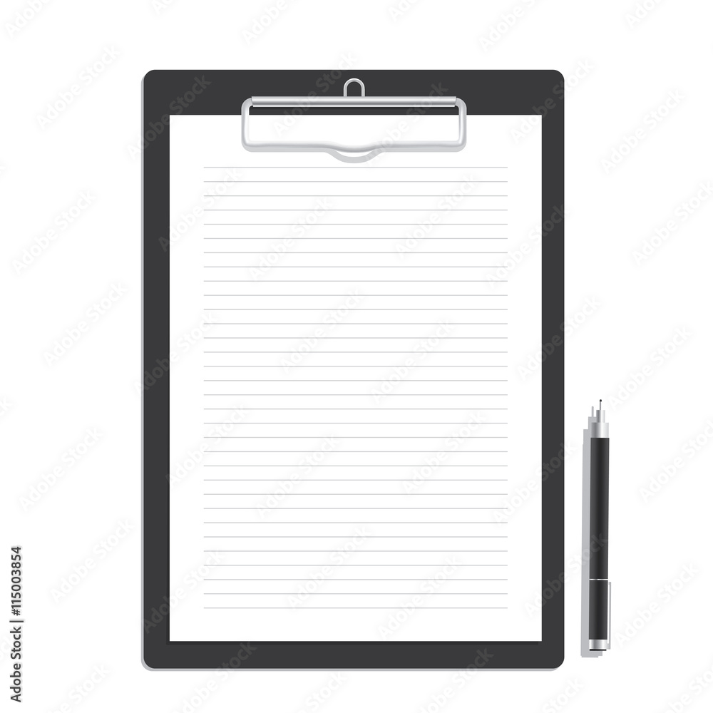 Blank line paper on a clipboard and black pen mock up vector. Mo Blank line paper on a clipboard and black pen mock up vector. Mo