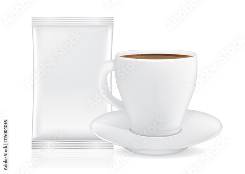 White coffee cup and saucer near blank sachet small size isolated on white. This illustration for pack shot of coffee, tea, or other drink.