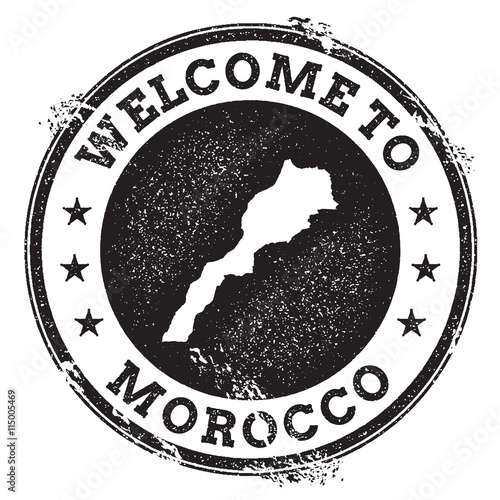 Vintage passport welcome stamp with Morocco map. Grunge rubber stamp with Welcome to Morocco text, vector illustration.
