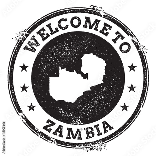 Vintage passport welcome stamp with Zambia map. Grunge rubber stamp with Welcome to Zambia text, vector illustration.