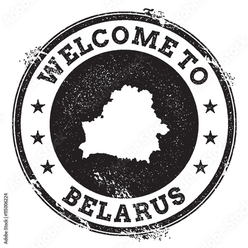 Vintage passport welcome stamp with Belarus map. Grunge rubber stamp with Welcome to Belarus text, vector illustration.