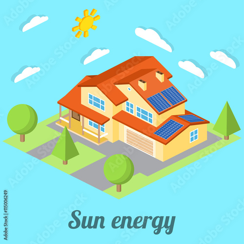 Low-energy house with solar panels. For web design, mobile and application interface, also useful for infographics. Isometric Passive House concept. Vector illustration.