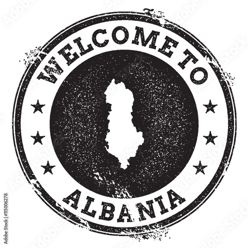 Vintage passport welcome stamp with Albania map. Grunge rubber stamp with Welcome to Albania text, vector illustration.