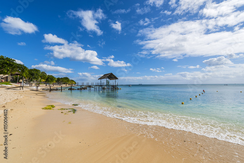 Mauritius beach thatch jetty. Tropical Mauritius island water & beach resort, Turtle Bay - Balaclava © softfocusphoto