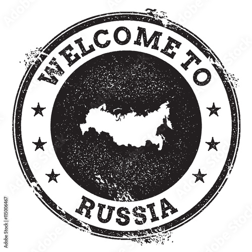 Vintage passport welcome stamp with Russian Federation map. Grunge rubber stamp with Welcome to Russian Federation text, vector illustration.