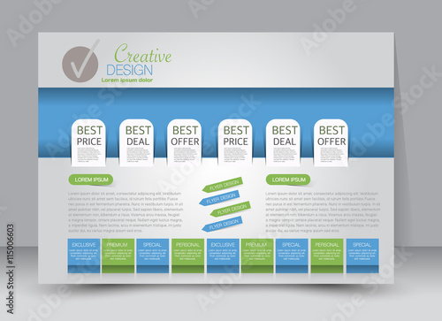 Flyer, brochure, magazine cover template design landscape orientation for education, presentation, website. Blue and green color. Editable vector illustration.