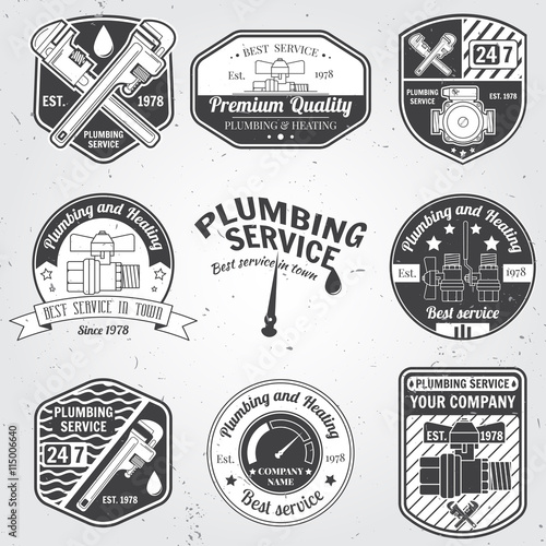 Set of retro vintage badges and labels. Plumbing and heating service. Emergency service logo. Vector illustration. Elements on the theme of the plumbing service business.
