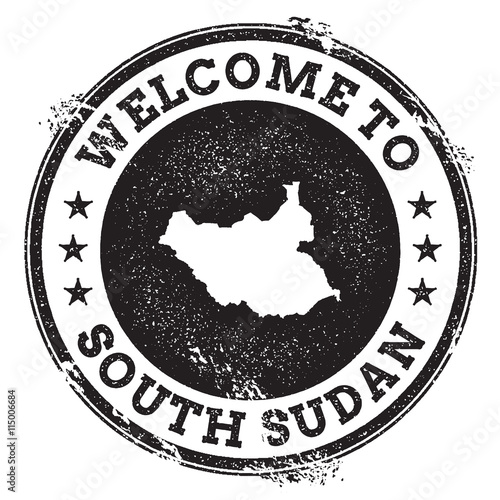 Vintage passport welcome stamp with South Sudan map. Grunge rubber stamp with Welcome to South Sudan text, vector illustration.