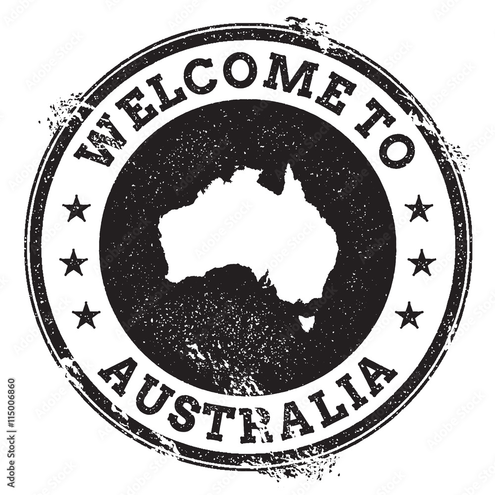 Vintage passport stamp with Australia map. Grunge rubber stamp