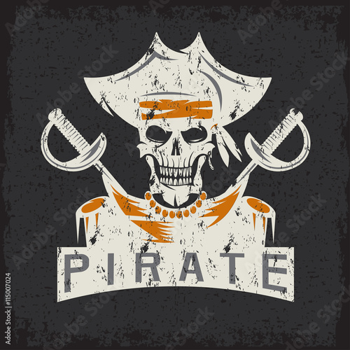 skull captain pirate in hat with swords grunge vector design tem