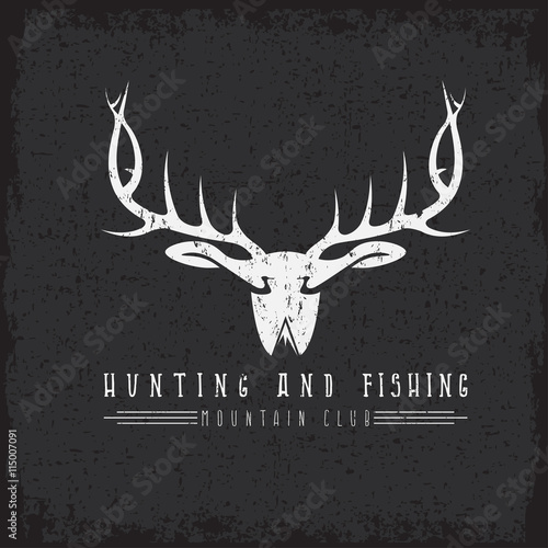 hunting and fishing mountain club emblem with duck deer and fish