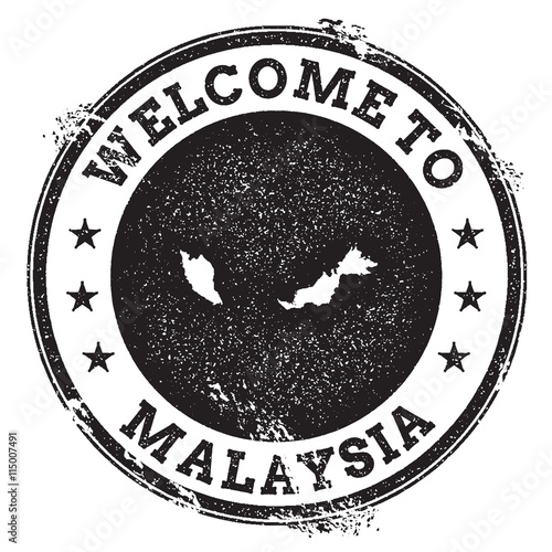 Vintage passport welcome stamp with Malaysia map. Grunge rubber stamp with Welcome to Malaysia text, vector illustration.