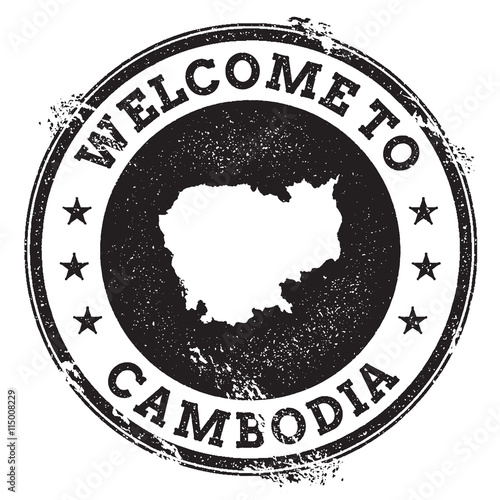 Vintage passport welcome stamp with Cambodia map. Grunge rubber stamp with Welcome to Cambodia text, vector illustration.