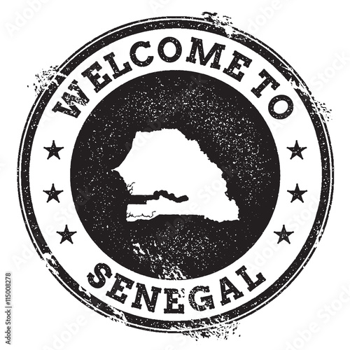 Vintage passport welcome stamp with Senegal map. Grunge rubber stamp with Welcome to Senegal text, vector illustration.
