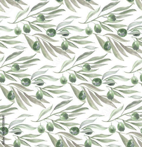 olive branch with leaves watercolor artwork seamless pattern