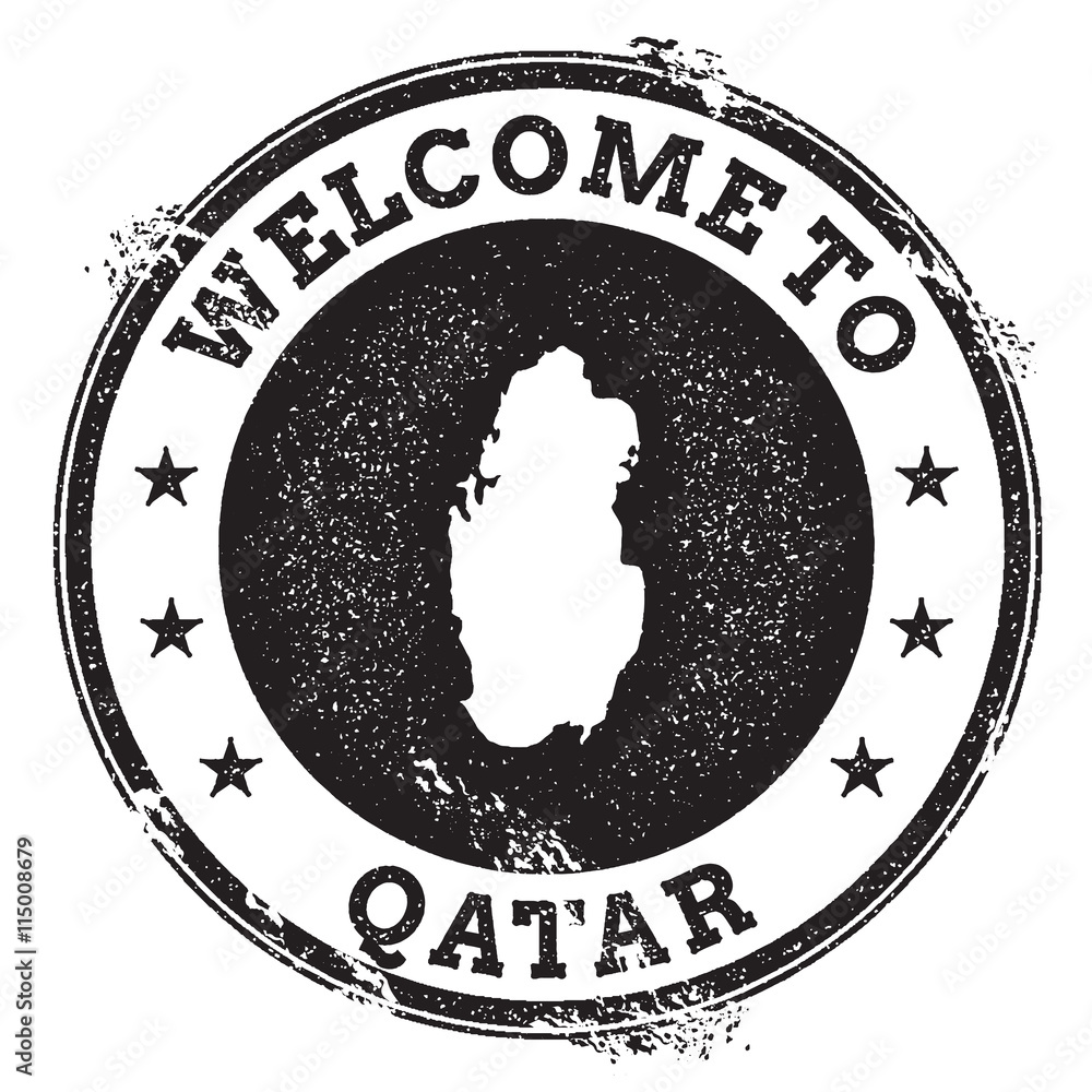 Vintage passport stamp with Qatar map. Grunge rubber stamp with