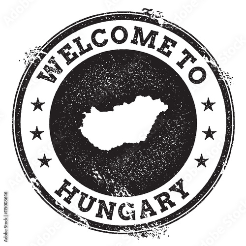 Vintage passport welcome stamp with Hungary map. Grunge rubber stamp with Welcome to Hungary text, vector illustration.