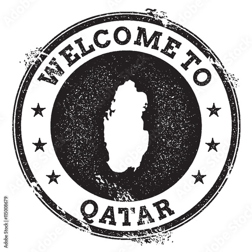 Vintage passport welcome stamp with Qatar map. Grunge rubber stamp with Welcome to Qatar text, vector illustration.