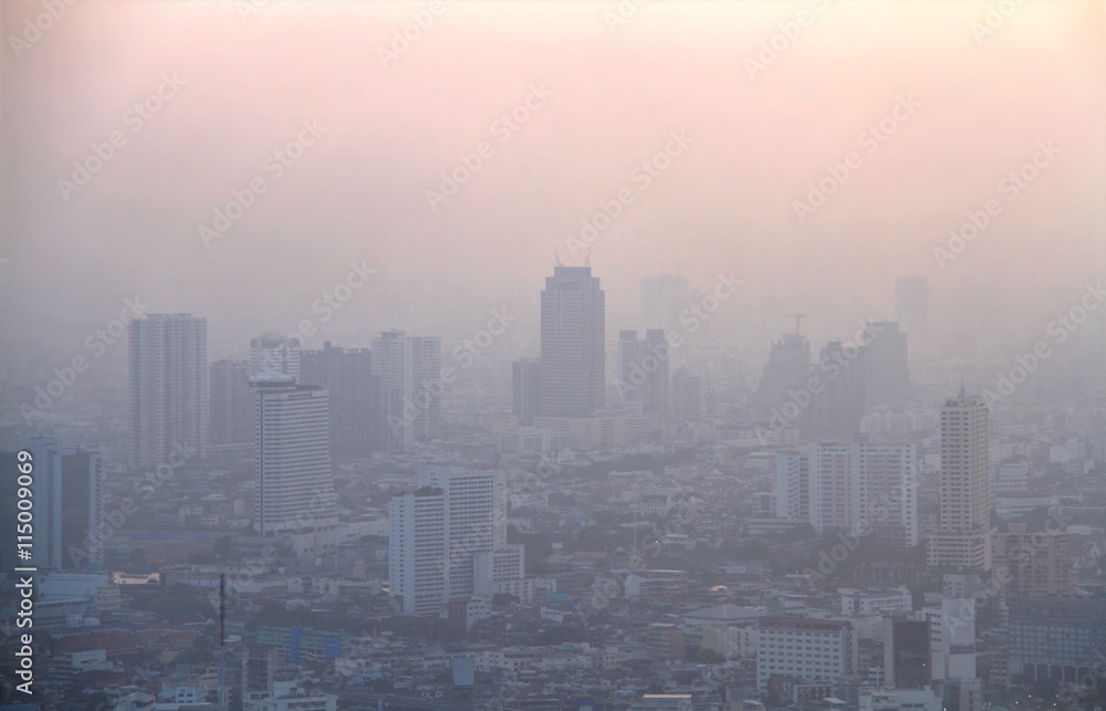 Low visibility caused by pollution problem in urban area during sunset, Bangkok, THAILAND. Low visibility caused by pollution problem in urban area during sunset, Bangkok, THAILAND.