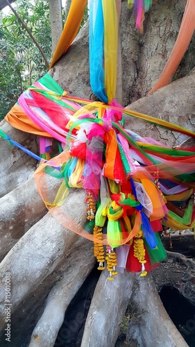 Big tree covered by powder and tied with multicolor fabrics, faith of thai people