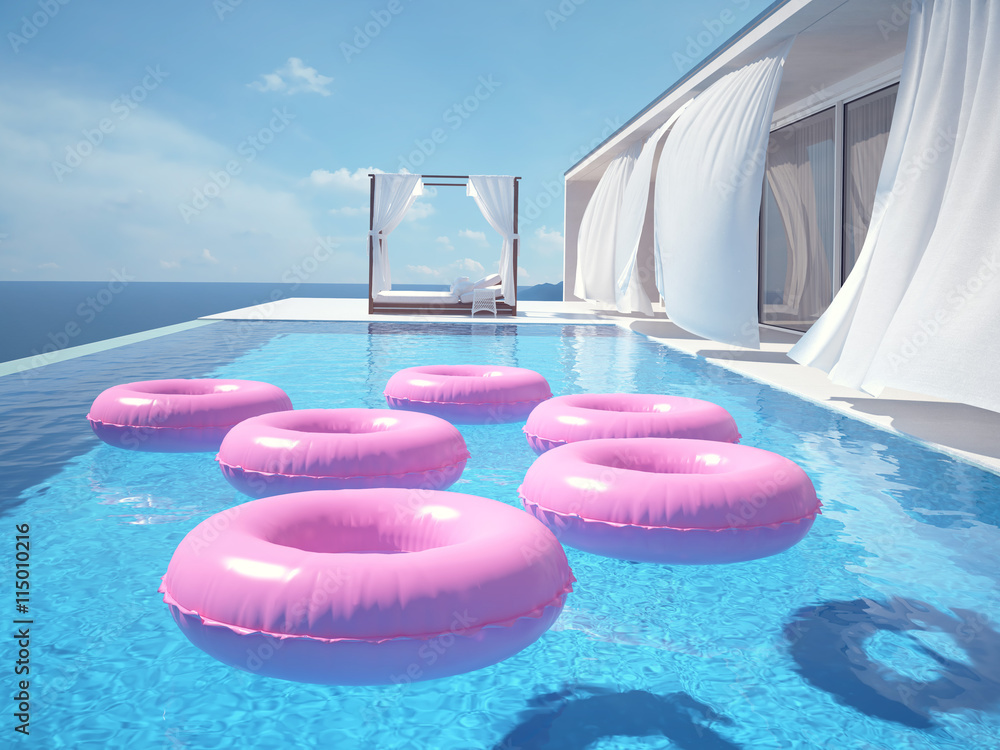 Fotografie luxury swimming pool with swimmrings. 3d rendering