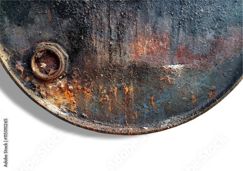 Close up of old rusted and dirty metal oil storage barrel isolated on white background