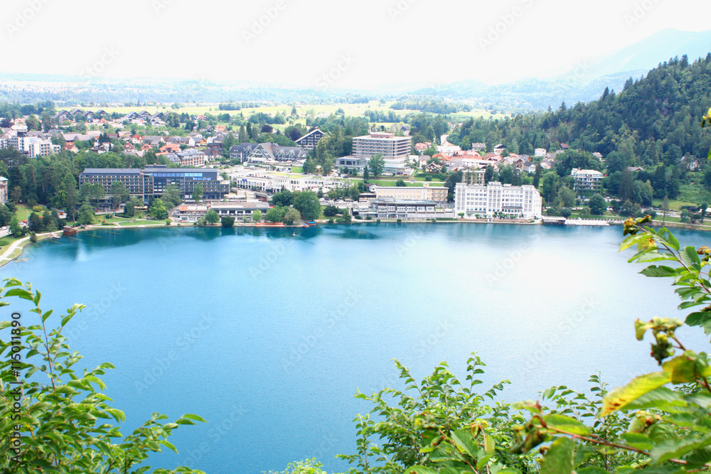 Landscape of Bled lake and hills in background, Slovenia, Europe