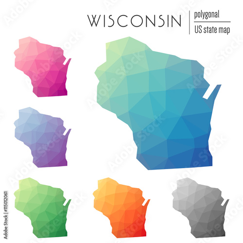 Set of vector polygonal Wisconsin maps. Bright gradient map of the US state in low poly style. Multicolored Wisconsin map in geometric style for your infographics. photo