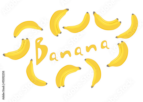 Yellow bananas. The lettering "banana".