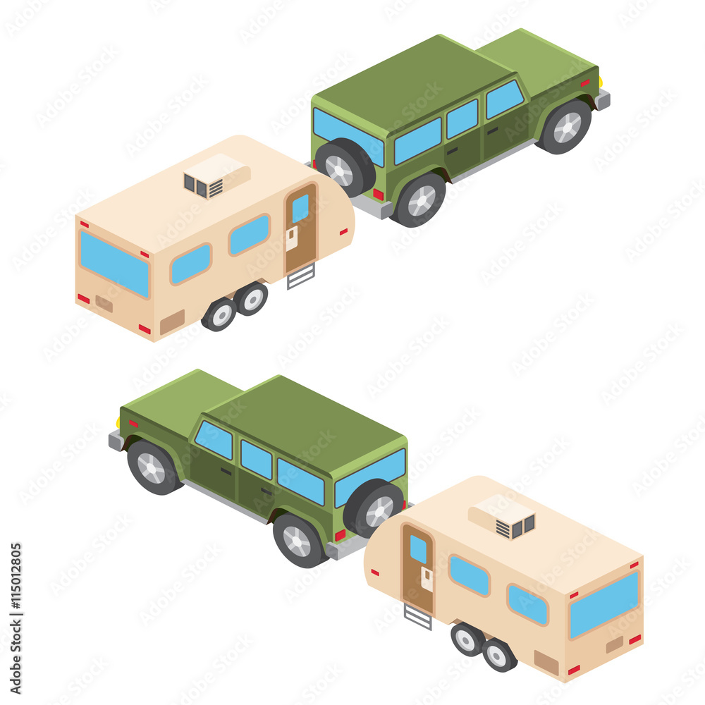 Isometric vector illustration of car and travel trailers. Summer trip family travel concept. Vector illustration. Isometric vector illustration of car and travel trailers. Summer trip family travel concept. Vector illustration.