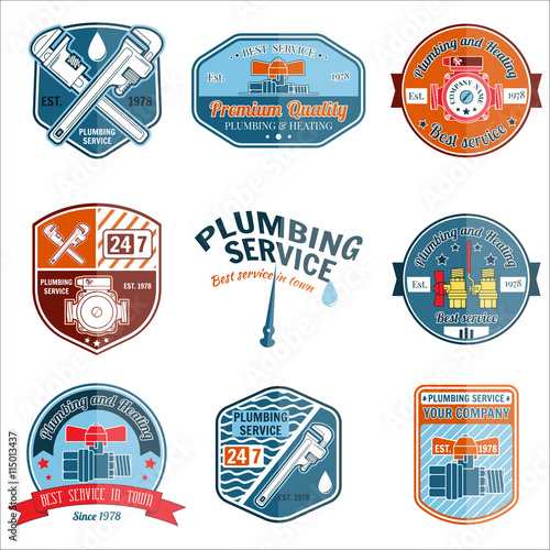 Set of retro vintage badges and labels. Plumbing and heating service. Emergency service logo. Vector illustration. Elements on the theme of the plumbing service business.