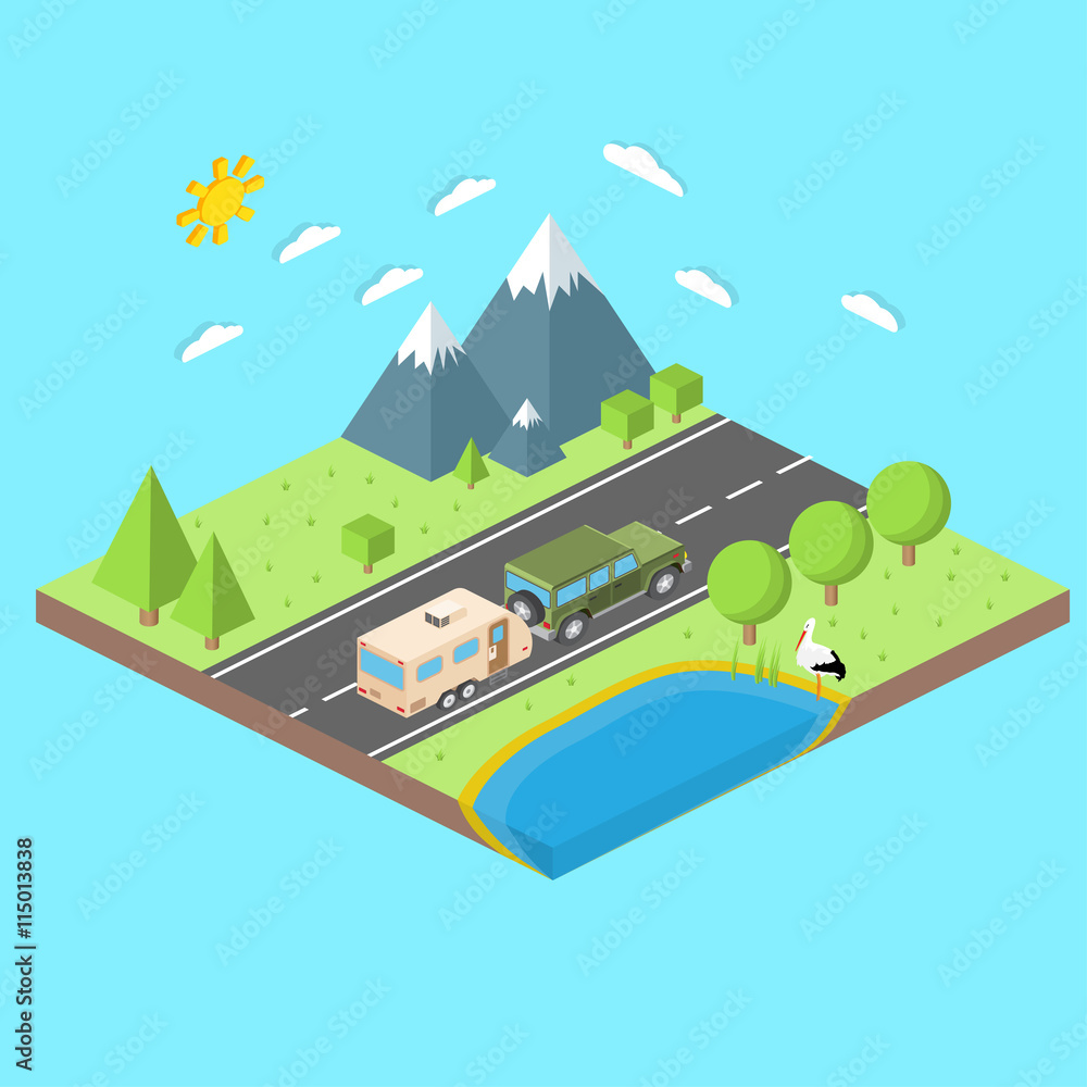 Isometric illustration of car and travel trailers. Summer trip family ...