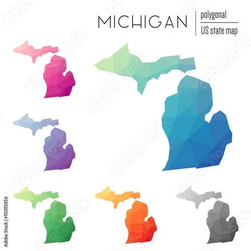 Set of vector polygonal Michigan maps. Bright gradient map of the US state in low poly style. Multicolored Michigan map in geometric style for your infographics. photo