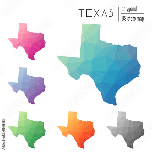 Set of vector polygonal Texas maps. Bright gradient map of the US state in low poly style. Multicolored Texas map in geometric style for your infographics. photo