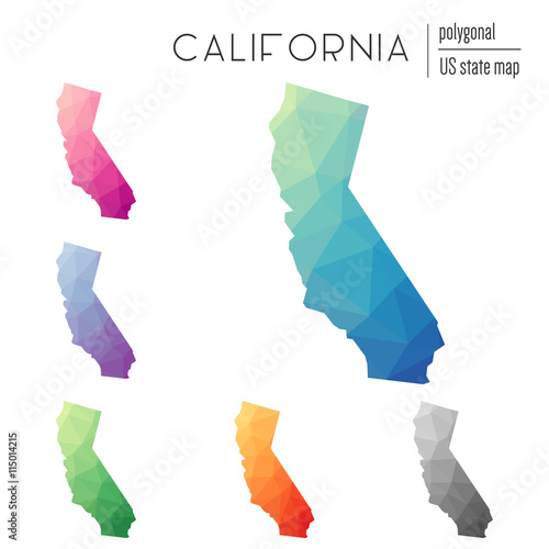 Set of vector polygonal California maps in bright gradient colors, showcasing low poly style for infographics.