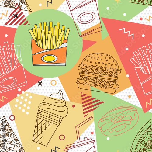 Fast food seamless pattern. Trendy geometric elements memphis cards. Texture, pattern and geometric elements. Elements on the theme of the restaurant business. Vector illustration.