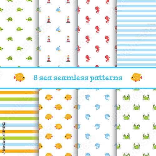 8 sea seamless patterns. Vector illustration.