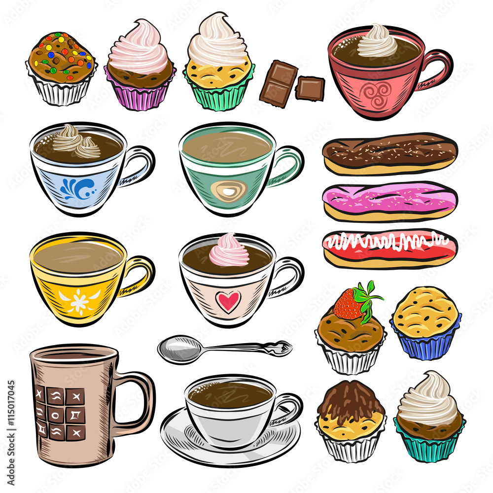 Hand drawn vector coffee set. Coffee cups and cakes. Hand drawn vector coffee set. Coffee cups and cakes.