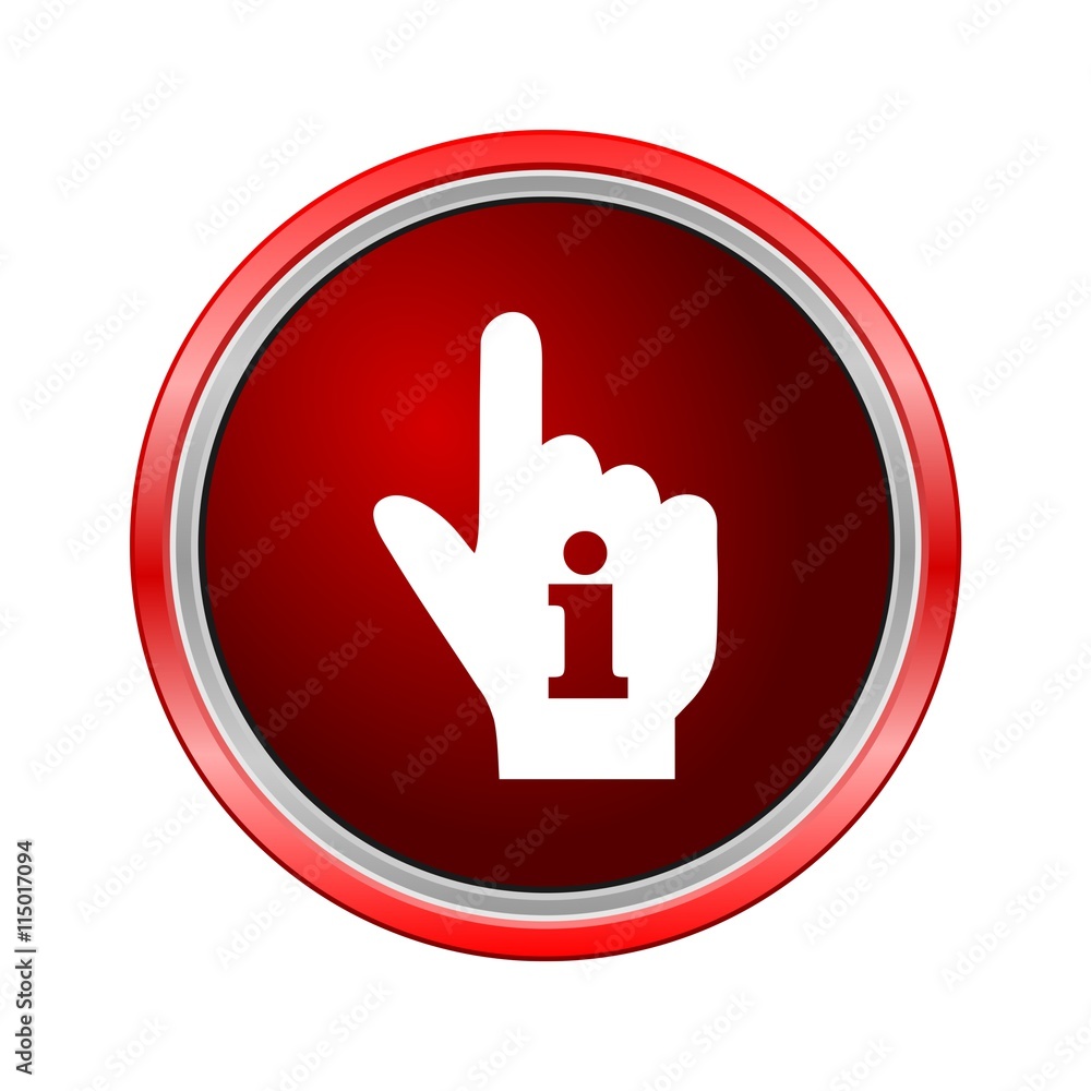 Pointing finger hand with an info sign, Internet button on white background Pointing finger hand with an info sign, Internet button on white background