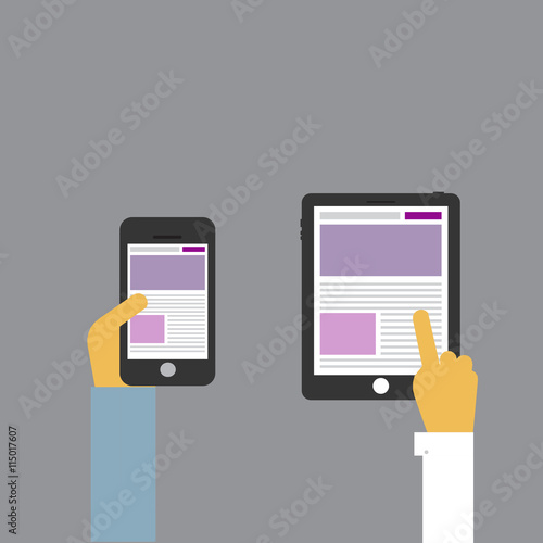 Fototapeta Naklejka Na Ścianę i Meble -  Long hands using device. Electronics gadget concept phone tablet. Flat design vector illustration.

