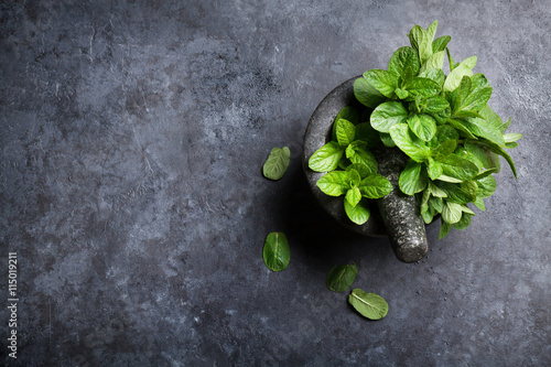 Fresh mint leaves in mortar on stone table