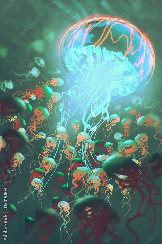 Fototapeta premium king of jellyfish in the crowd,fantasy underwater concept,illustration painting